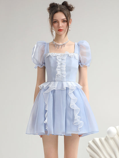 Ciffon Princess Sheer Puff-Sleeve Frill Refreshing Short One-Piece