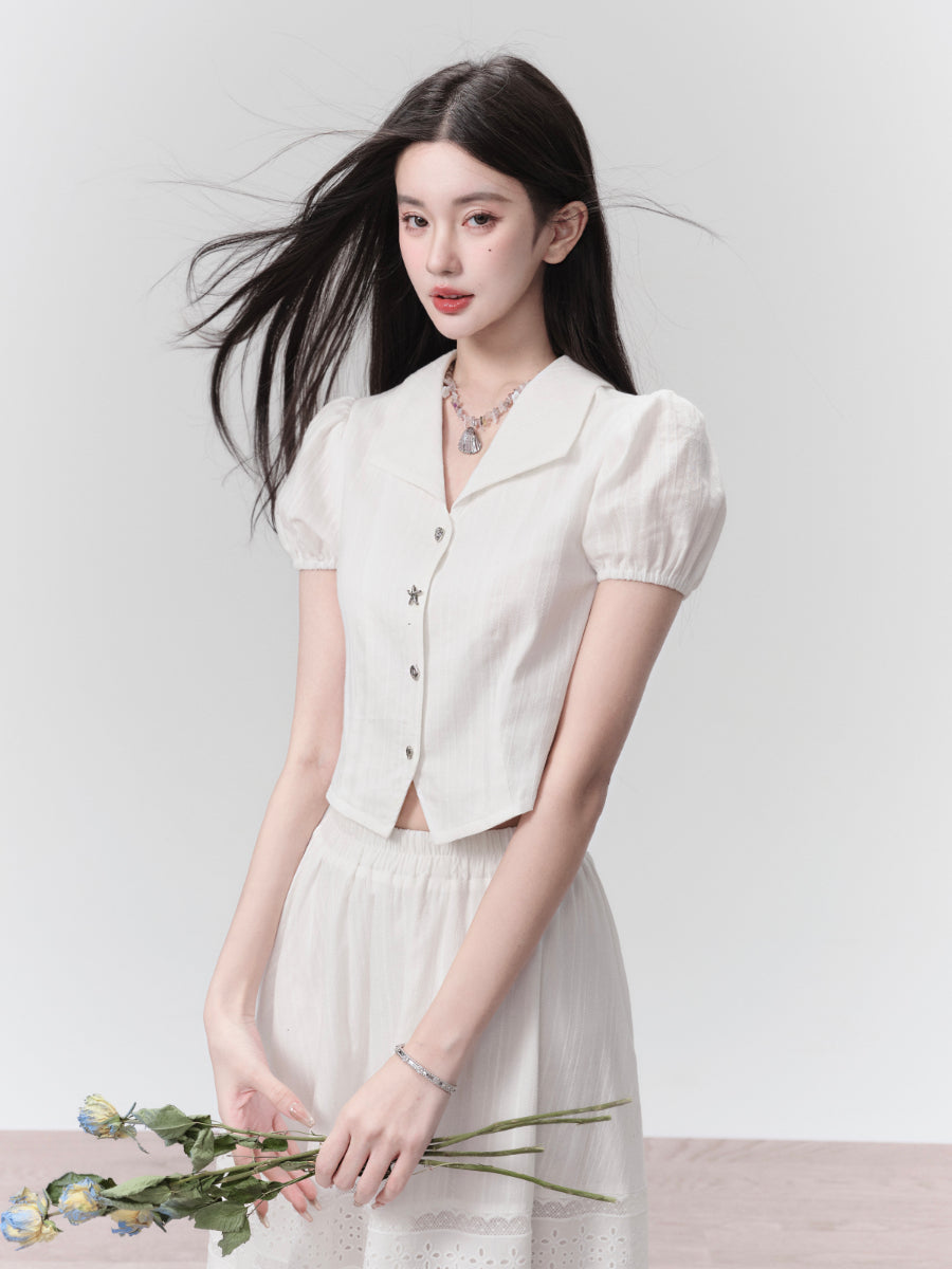 Lace Tiered Frill Feminine Puff-Sleeve Short-Blouse＆Long-Skirt