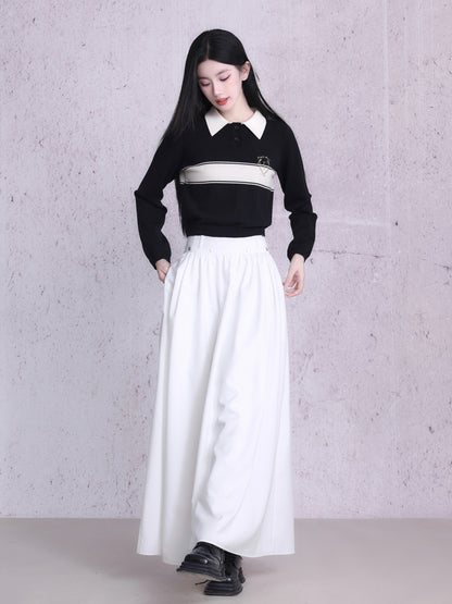 Polo-Neck Retro Monotone Knit&amp;Long-Skirt