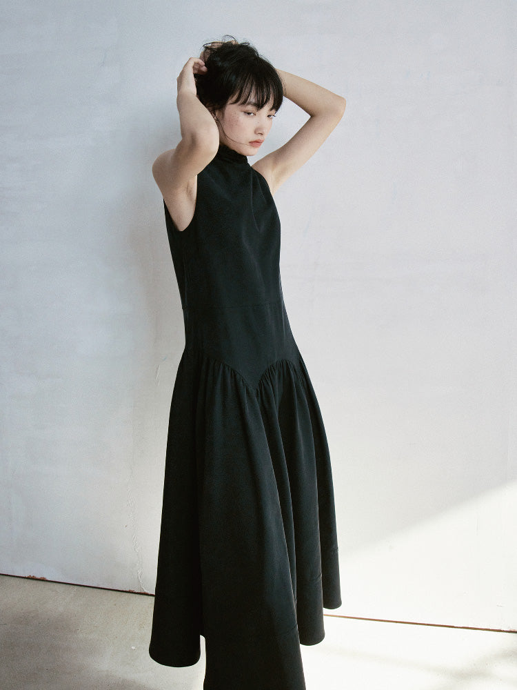 Stand-Collar Long Gather Sleeveless One-Piece