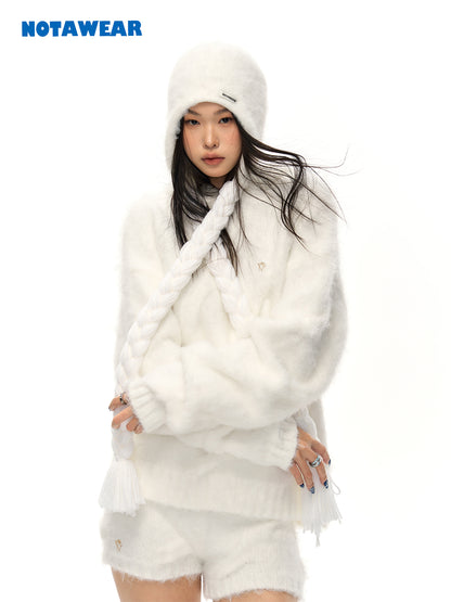 Mohair-Knit Casual Fluffily Hoodie Parka&amp;Short-Pants