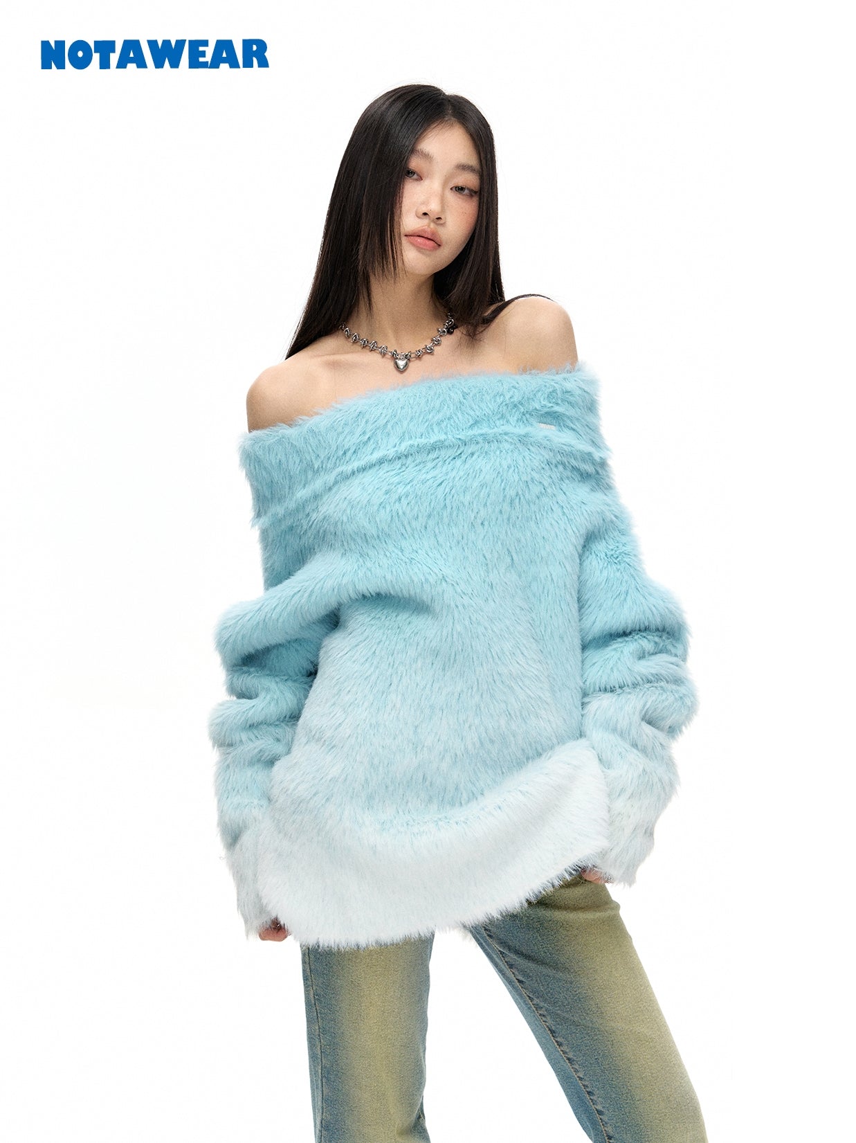 Gradation Fluffily Off-Shoulder Loose Loose Mohair-Knit