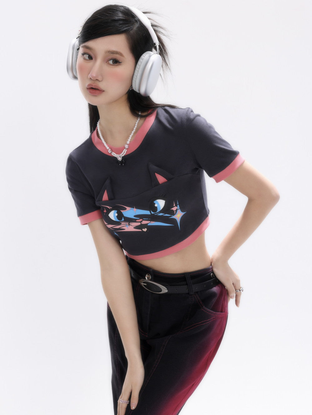 Cat-Ear Cropped Casual einzigartiges T-Shirt