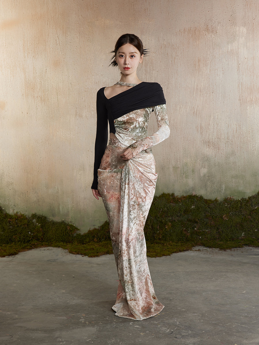 Velvet High-Neck Glossy High End Flower Short-Tops &amp; Long Skirt