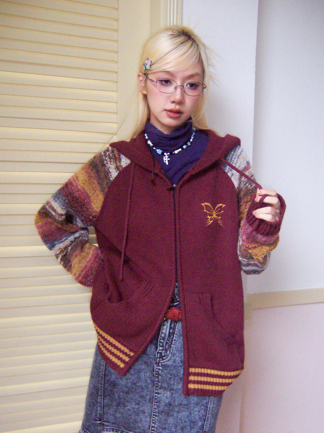 Double-Zip Colorful Hoodie Casual Retor Cardigan