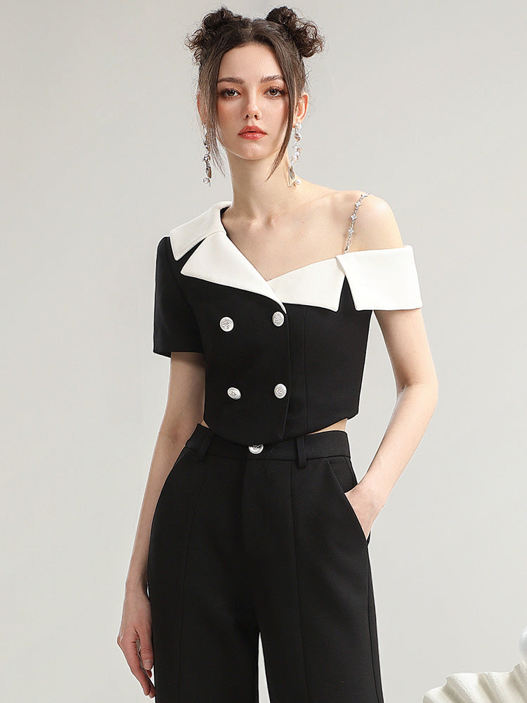 Set-Up Chic Monotone Asymmetry Coll Suit Short-Tops&amp;Wide-Pants