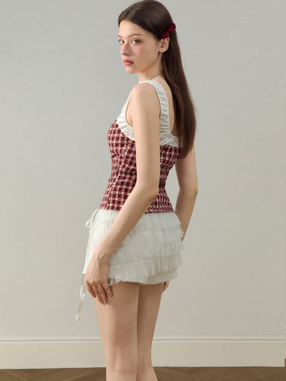 Set-Up Checked Lace No-Sleeve Slim Girly Tops＆Short-Pants