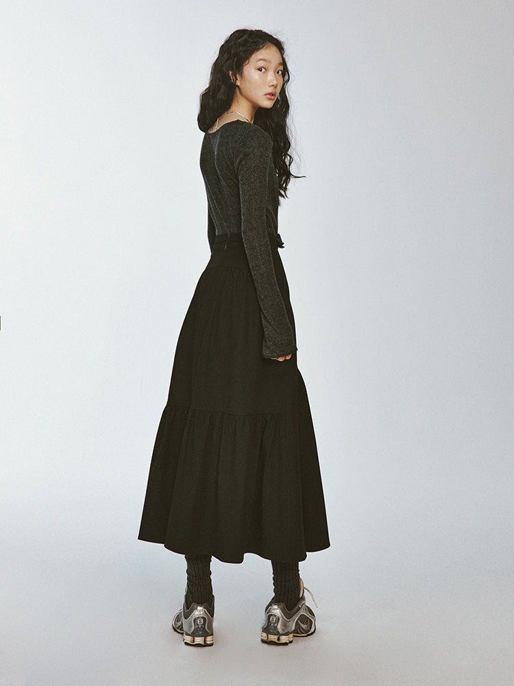 Tiered Asymmetry Plain Flare Simple Long-Skirt