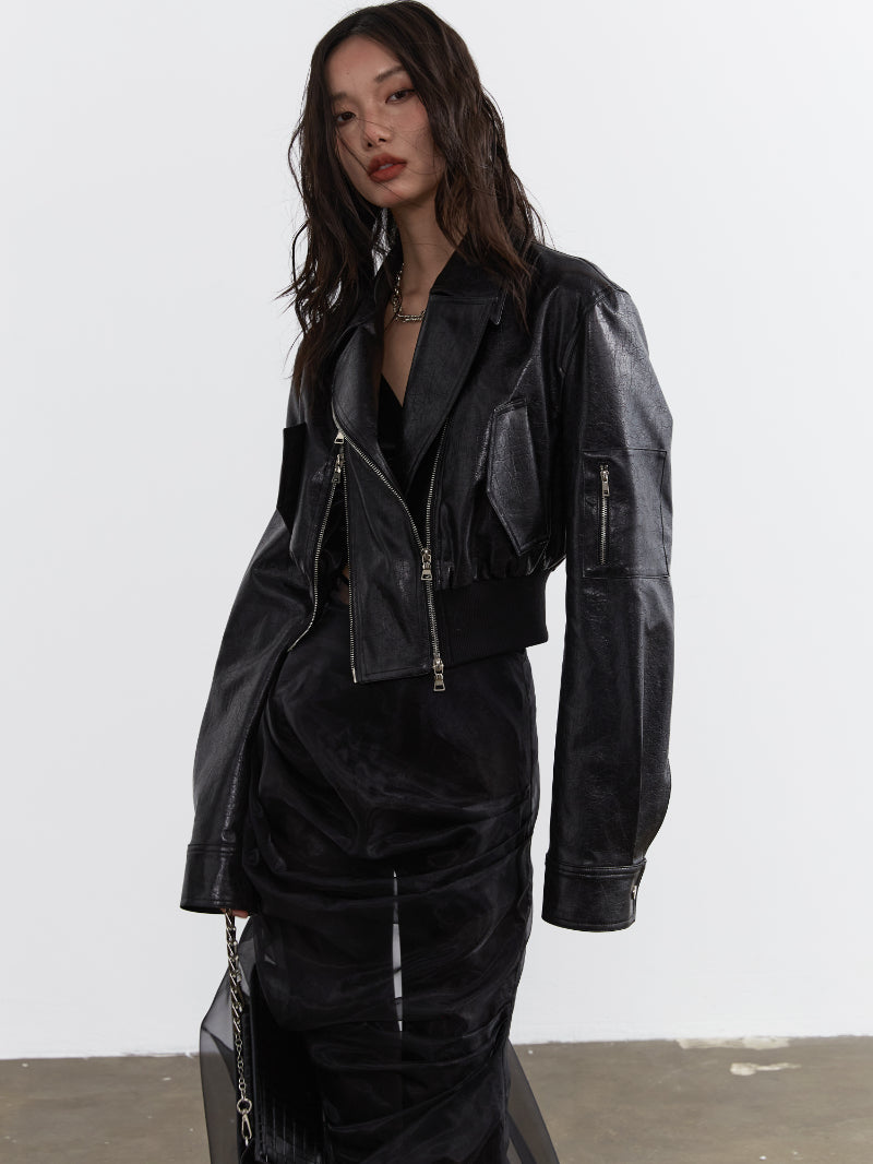 Leather Double-Zip Drop-Shoulder Riders-Jacket