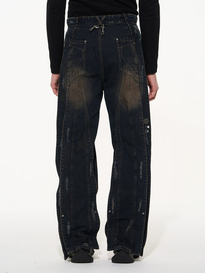 Metal-Ring Denim Washed Straight Nichi Damage Pants