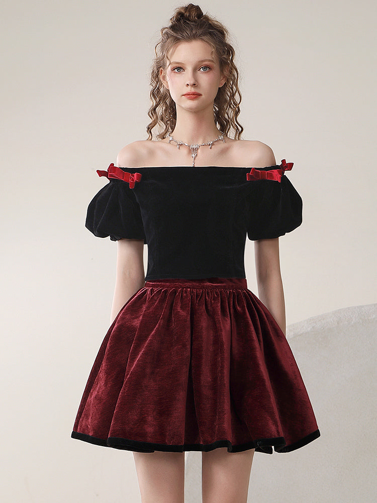 Puff-Sleeve Of-Shoulder Balloon Contrast Ribbon Blouse＆Mini-Skirt