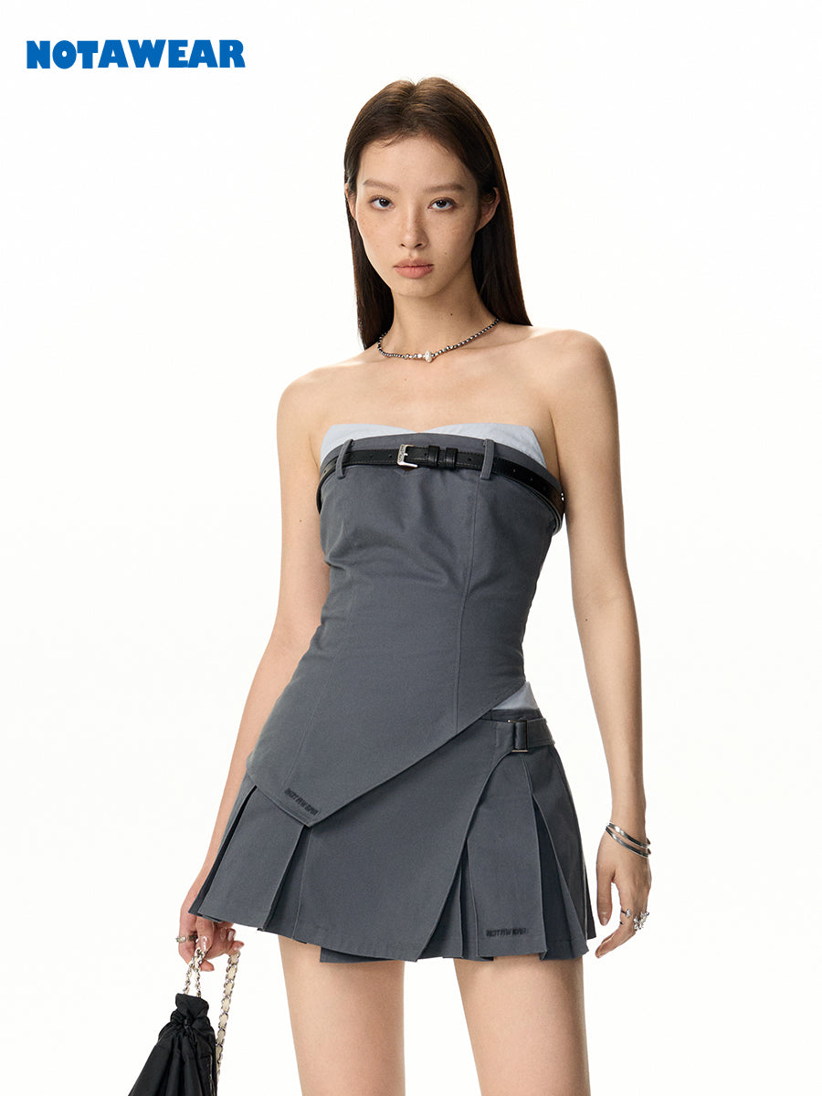 Wrap Pleats Plain Mini-Skirt