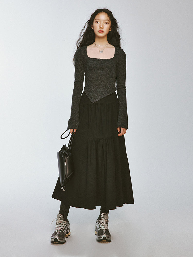 Square-Neck Asymmetry Slim Knit