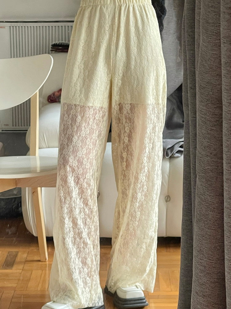 Flower Straight Lace Sheer Feminine Loose Pants