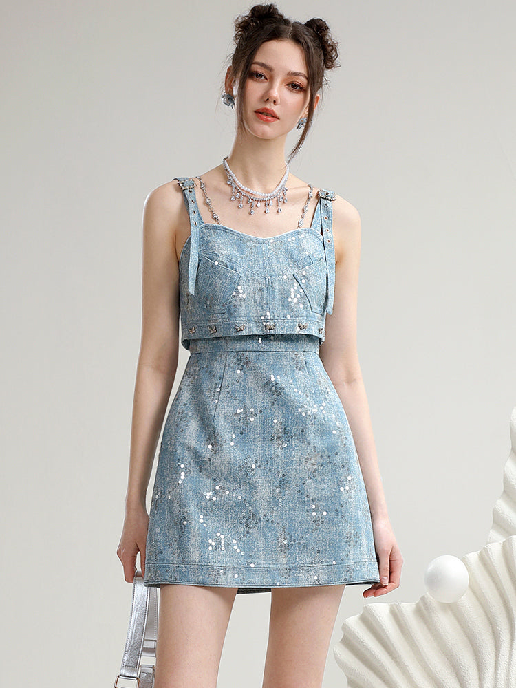 Denim Short Sequins Suspenders Casual Dress