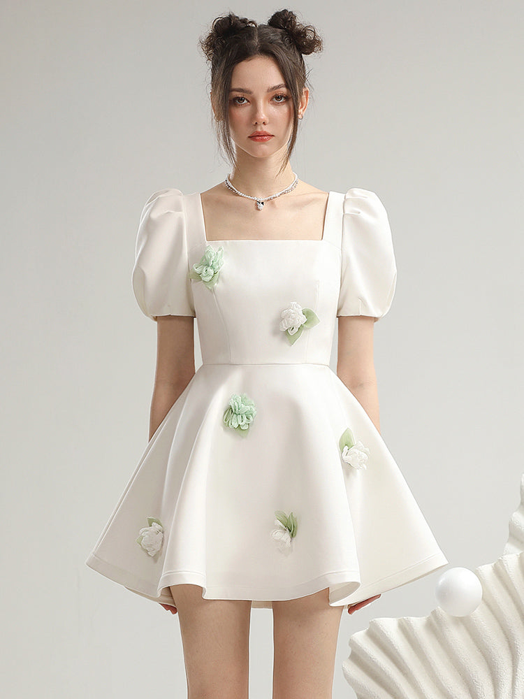 Square-Neck Cute Puff-Sleeve Short Flare Flower One-Pieec