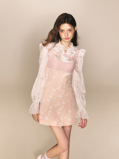 Feminine Frill Candy-Sleeve Ribbon Lace Blouse