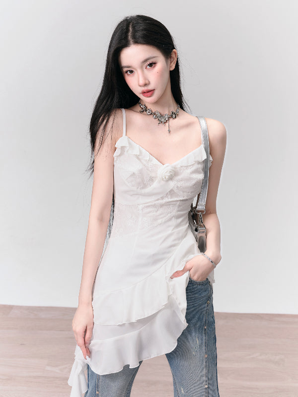 Lace Frill Asymmetry Camisole Rose Short One-Piece