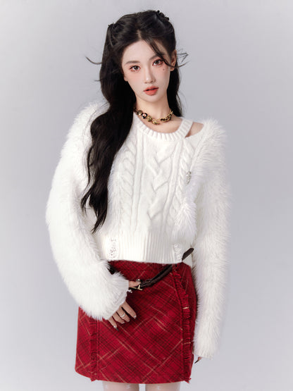 Open-Shoulder Fluffily Classy Short Mohair-Knit Cable-Knit