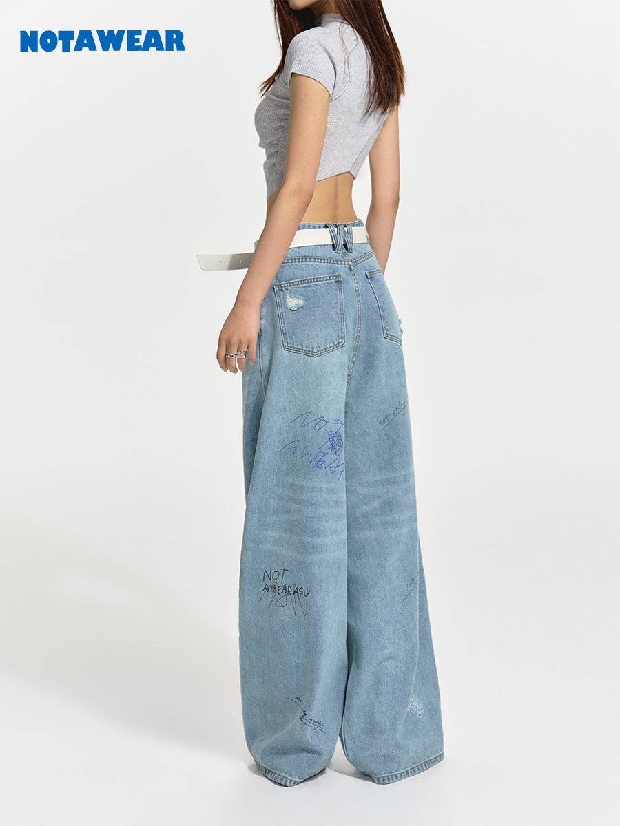 Logo Wide-leg Denim Casual Loose Pants