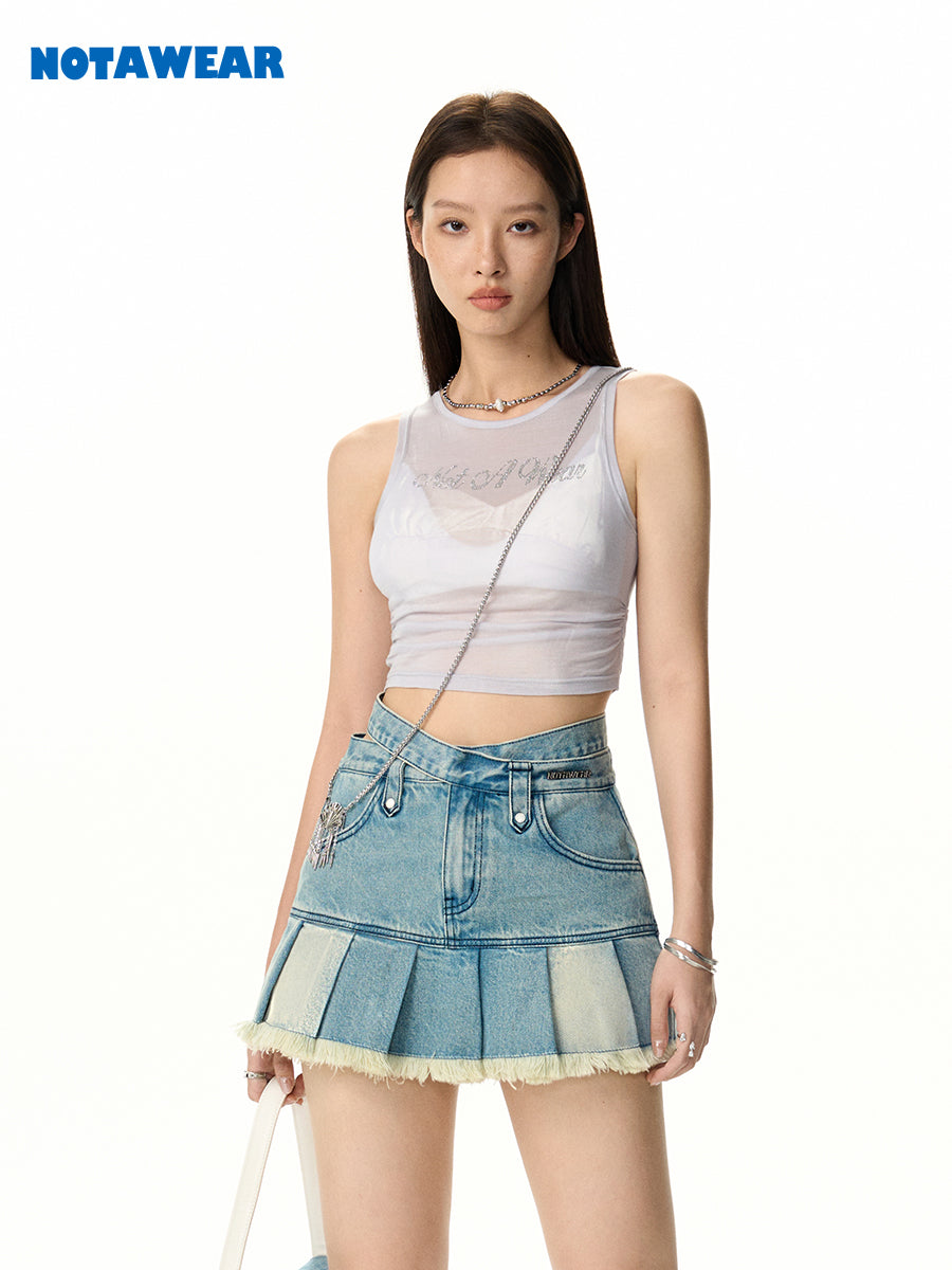 Denim Pleats Flare Tassel Mini-Skirt