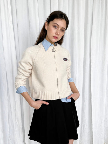 Zip No-Collar Patch Short Knit