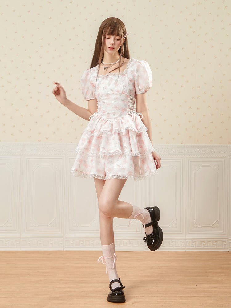 Flower Lace-Up Puff-Sleeve Feminine Tiered Lace Dress