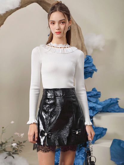 Leather Lace Feminine A-Line Mini-Skirt