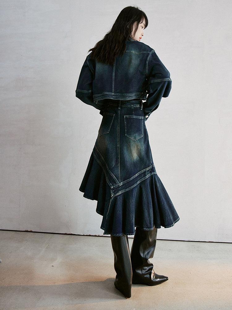 Denim Asymmetry Faded Casual High-Waist Long-Skirt