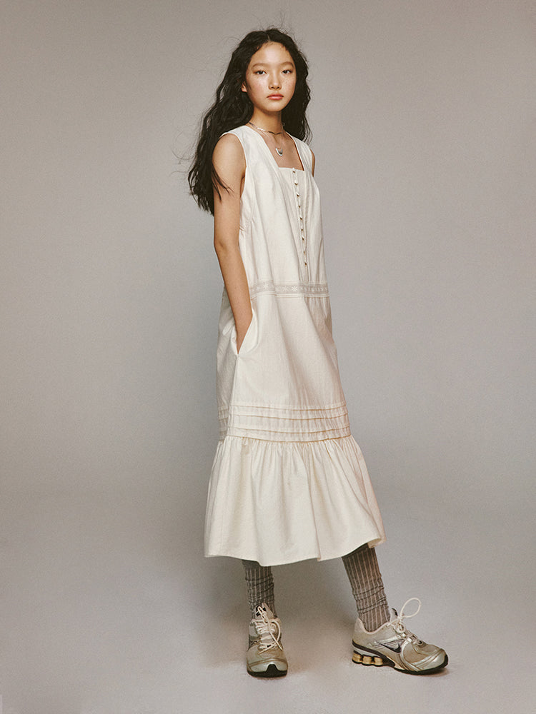 Long Girly Square-Neck Casual Natural No-Sleeve One-Piece