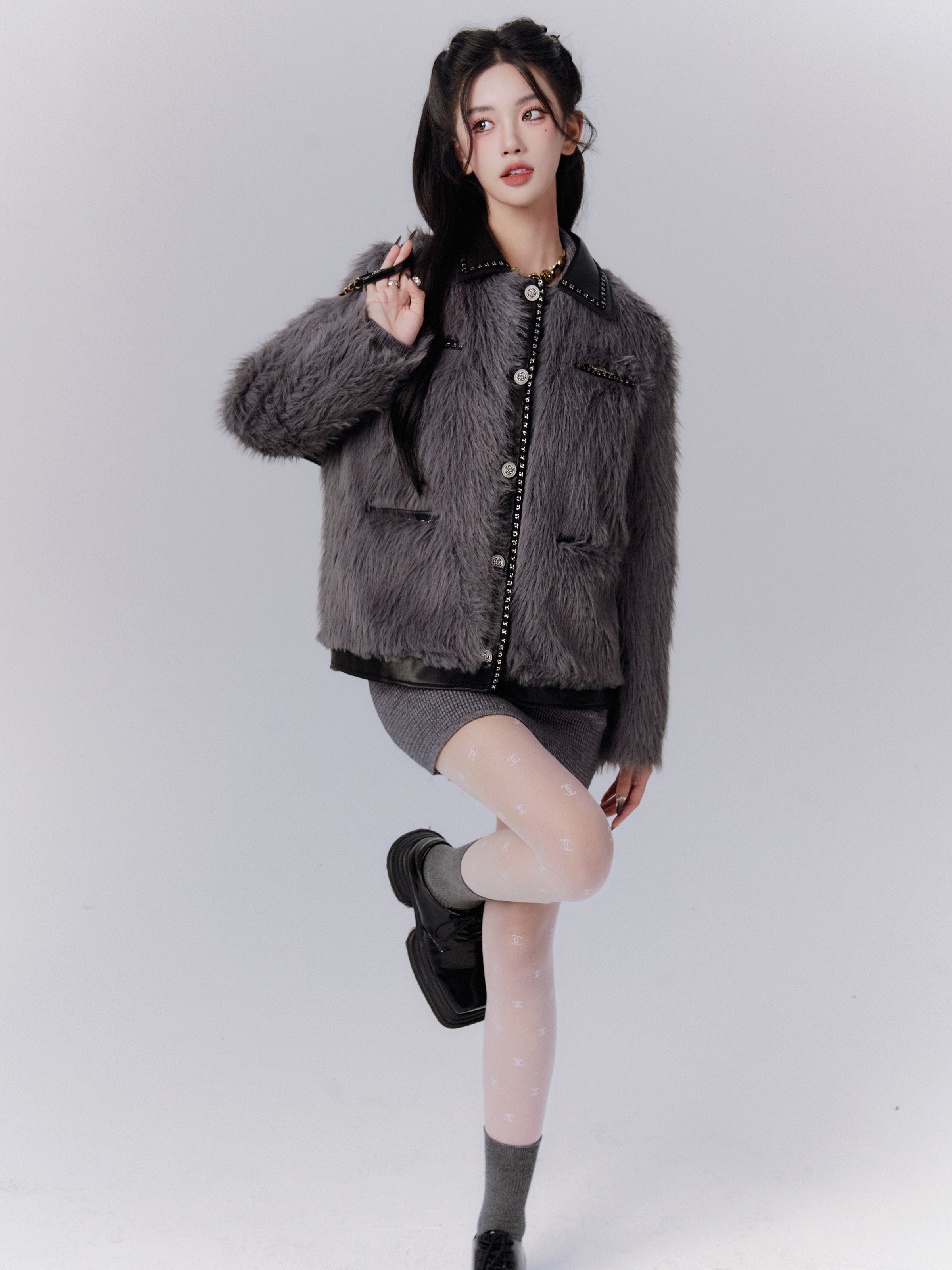 Leder High-End Retro Stitch Chic Fur-Jacket