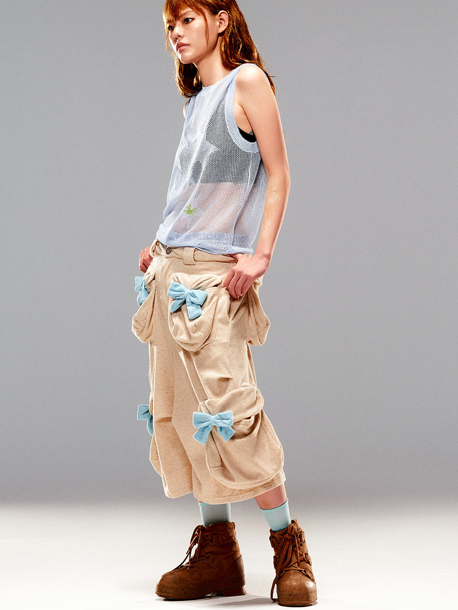 Ribbon Loose Multi-Pocket Half-Pants Wide-Pants