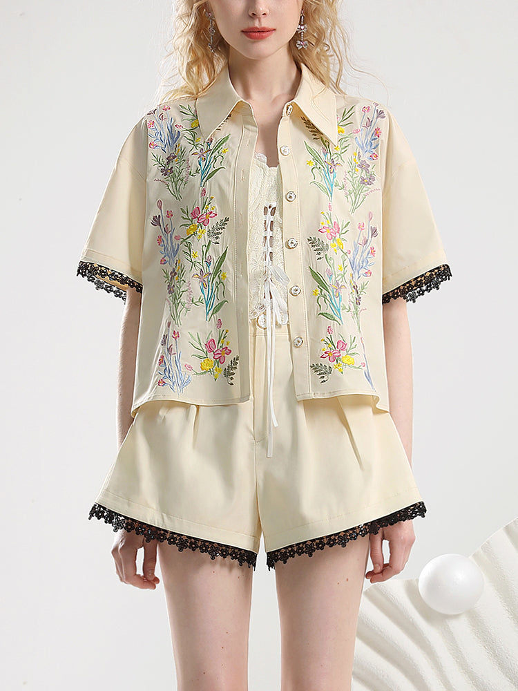 Set-Up Botanical Embroidery Flower Lace Shirt＆Short-Pants