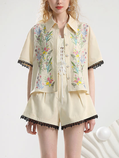 Set-Up Botanical Embroidery Flower Lace Shirt＆Short-Pants