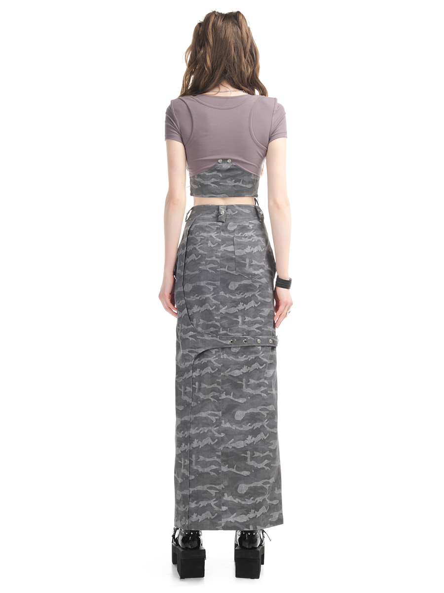 Camouflage Casual Cropped Tight Tops&amp;Long-Skirt