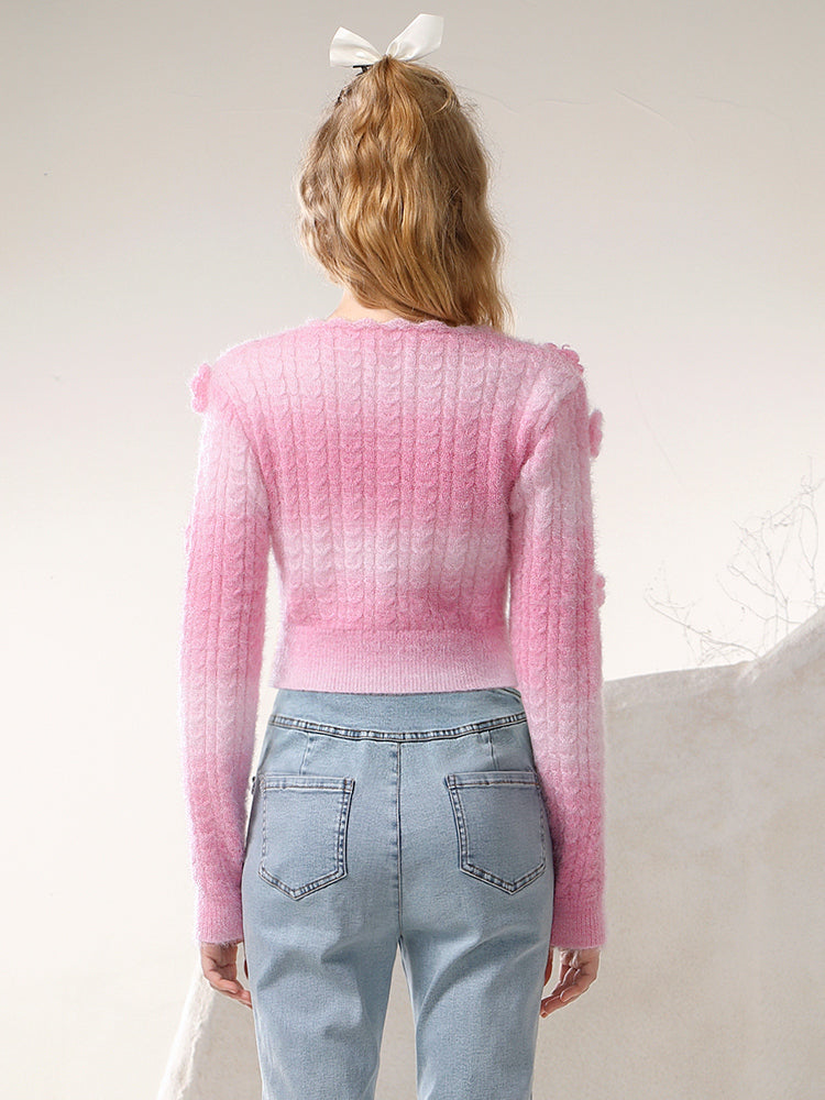 Knit Flower 3D V-Neck Feminine Short Gradation Cardigan