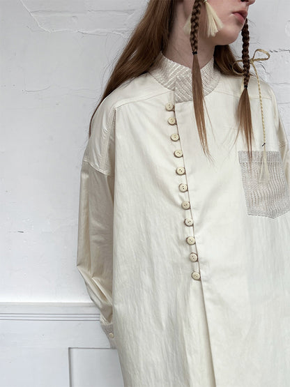 Oversize China Side-Button Band-Collar Shirt