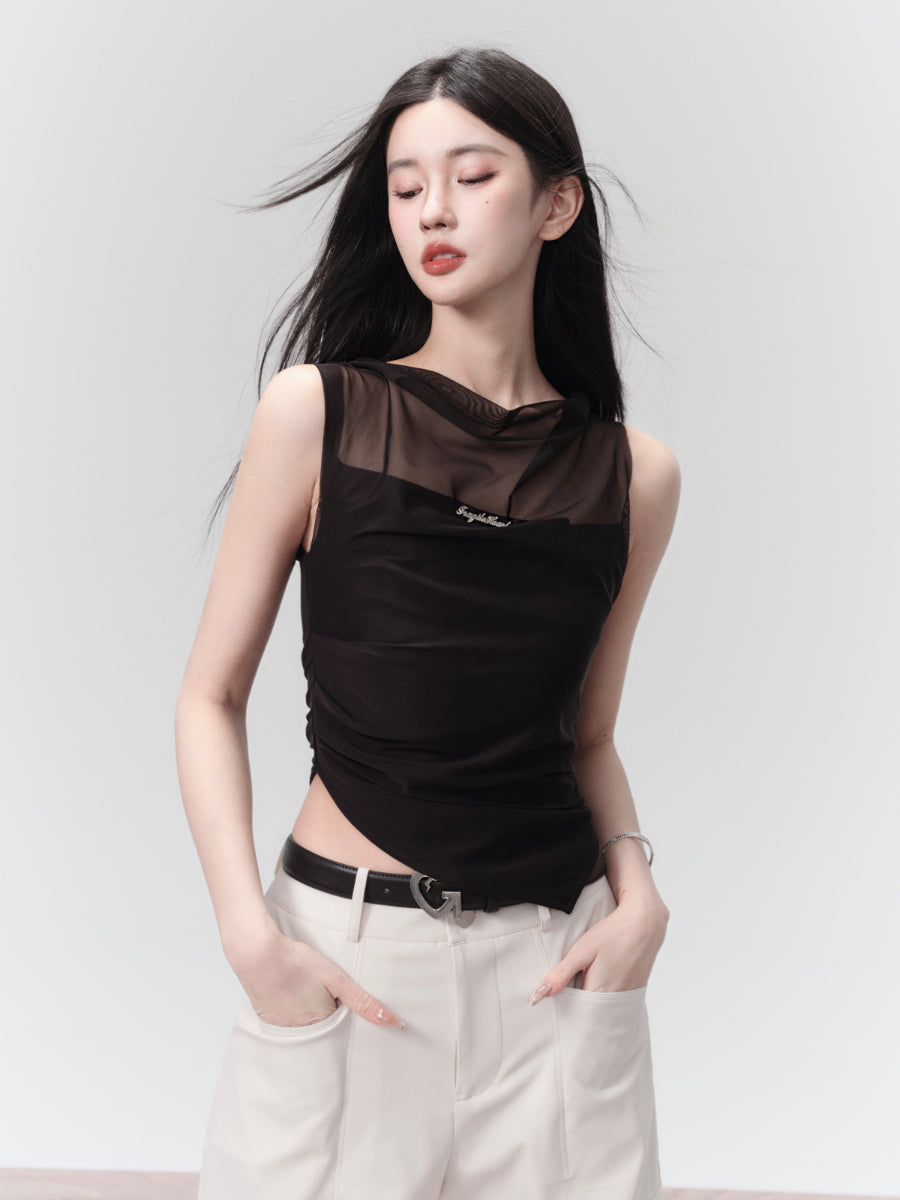 See-Through Sheer Asymmetry No-Sleeve Tops