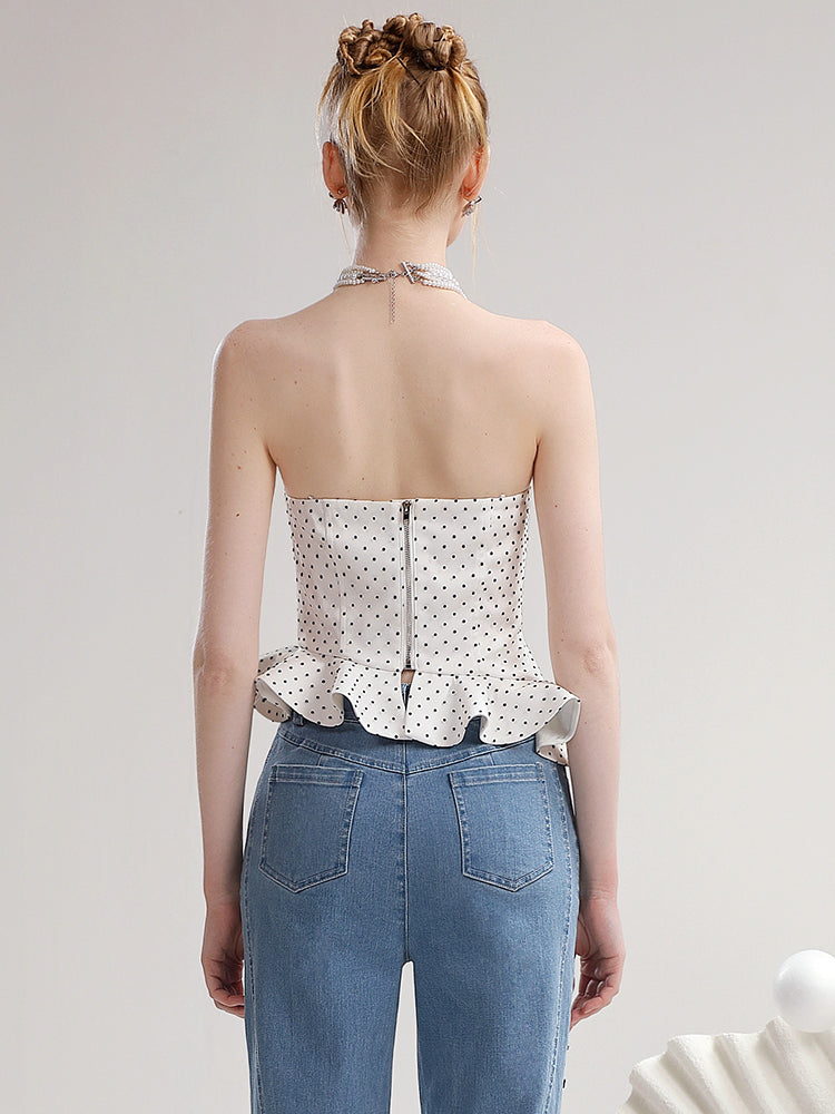 Bare-Top Dot Ruffle Rose Peplum Tops