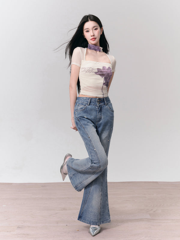 Denim Casual Washed Damage Retro Flare-Pants