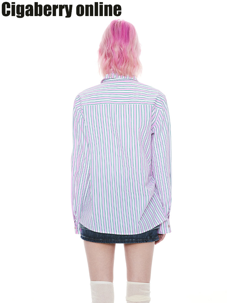 Stripe Ribon-Tie Asymmetry Ovreisze Casual Shirt