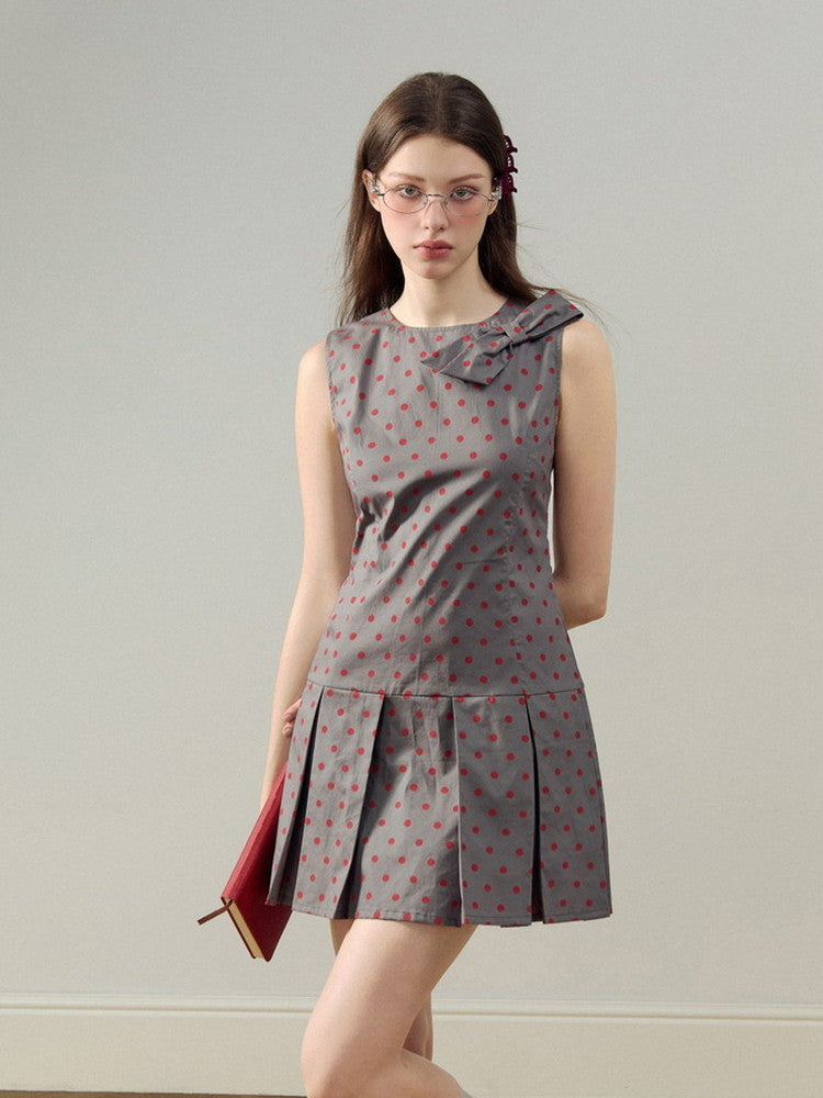 Ribbon Dot Pleats Short Retro No-Sleeve Dress