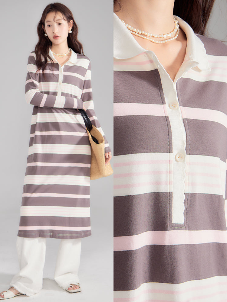 2 Type Border Long Casual I-Line Polo-one-Piece