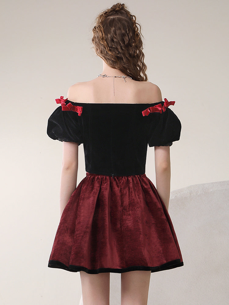 Puff-Sleeve Of-Shoulder Balloon Contrast Ribbon Blouse＆Mini-Skirt