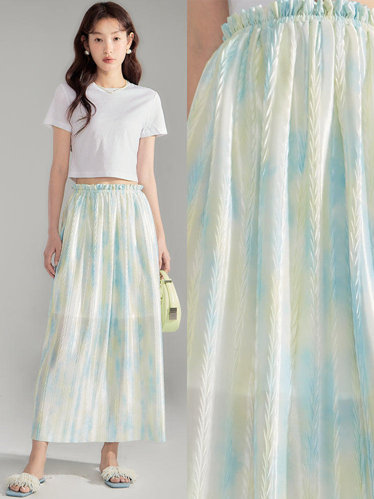 Crumply Tie-Dye Pale-Tone Thin Lng-Skirt