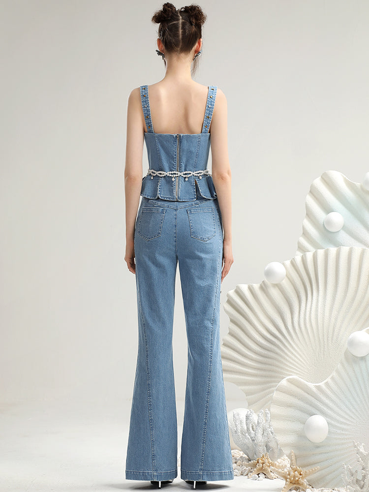 Set-Up Denim Pearl-Chain Casual No-Sleeve Tops&amp;Flare-Pants