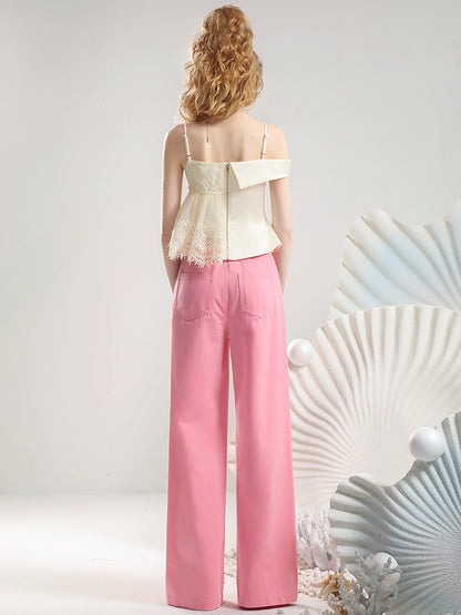 Lace Feminine Asymmetry Bijou Set-Up Camisole＆Denim-Pants