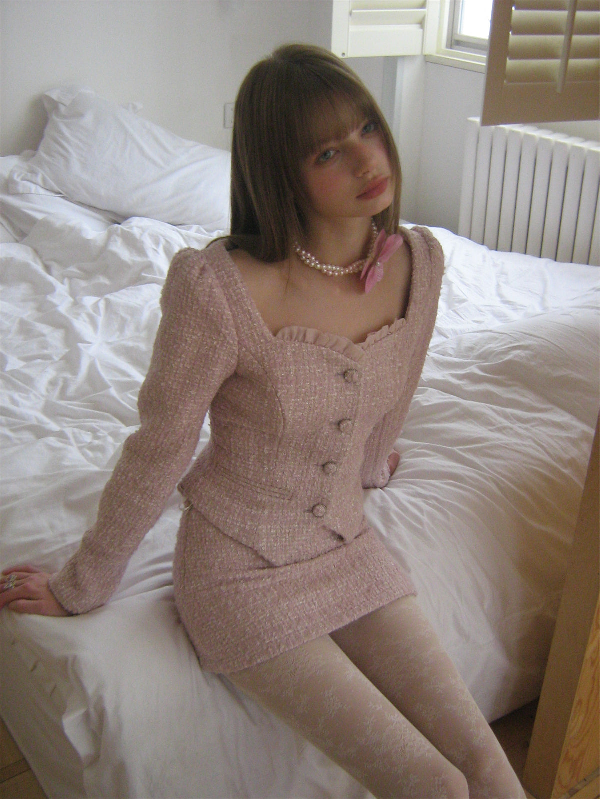 Tweed Feminine Set-Up Suit Slim Jacket&amp;Mini-Skirt
