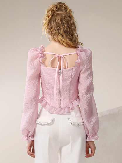 Candy-Sleeve Ribbon Bijou Ciffon Frill Blouse