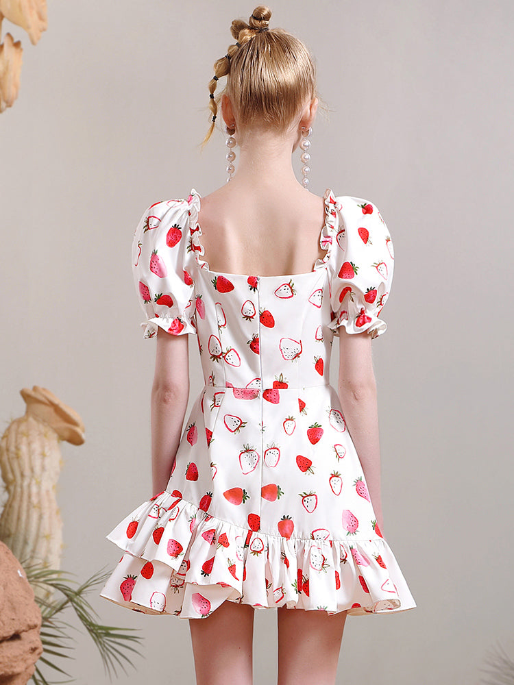 Strawberry Frill Asymmetry Fluffily Puff-Sleeve Cute One-Pieced